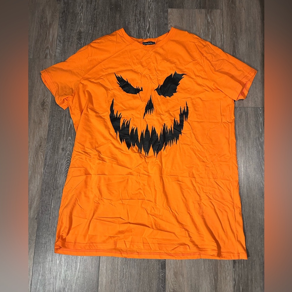 Orange Graphic Pumpkin Face Short Sleeve T Shirt Dress